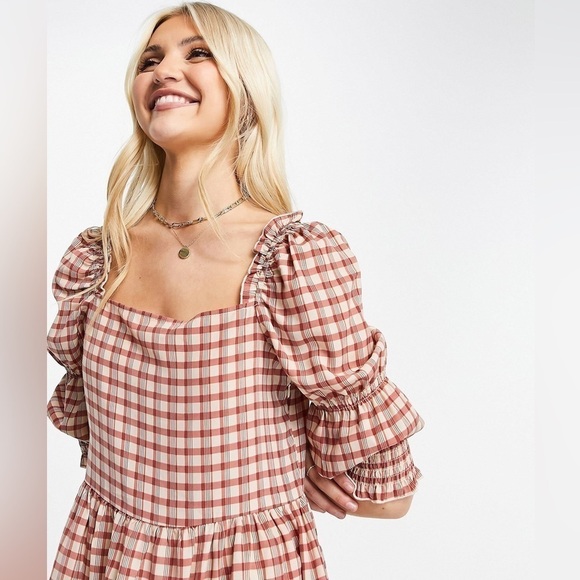 NWT QED London Square Neck Half Sleeve Tiered Smock Gingham Tan Dress Sz 8 - Picture 3 of 8